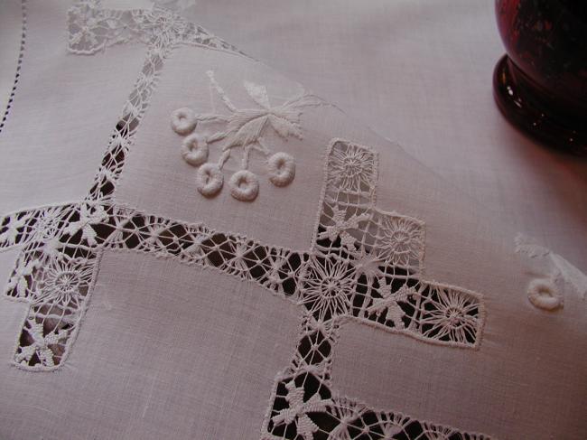 Superb tablecloth with drawn thread and raised white works, circa 1900