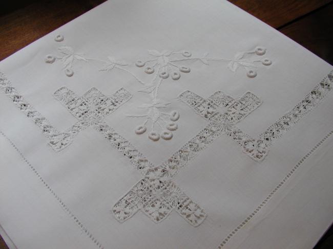 Superb tablecloth with drawn thread and raised white works, circa 1900