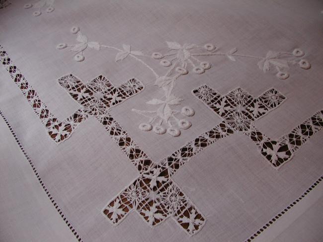 Superb tablecloth with drawn thread and raised white works, circa 1900