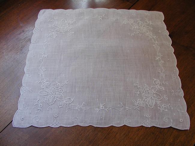 Lovely linon of linen handkerchief with embroidered flowers