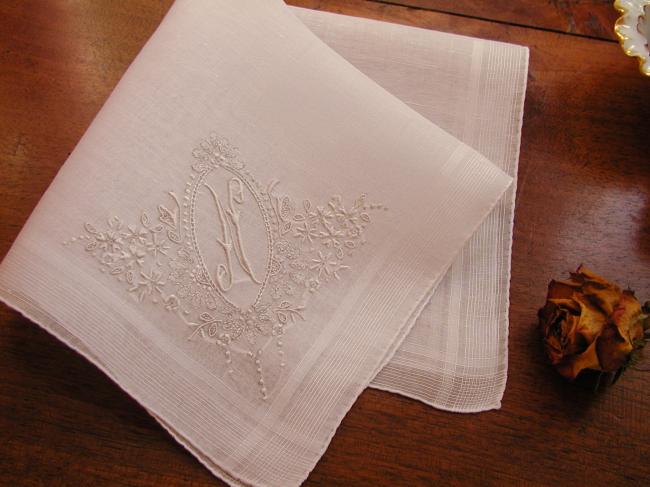 Georgeous linon of linen handkerchief with large monogramm N and small flowers