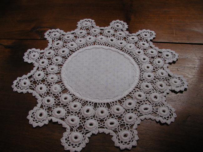 Gorgeous damask linen doily with guipure lace 1910