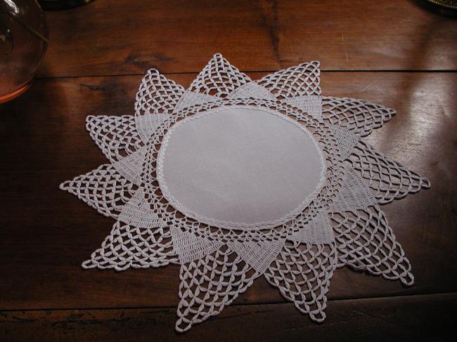 Gorgeous linen and crochet lace doily, star shape, 1900