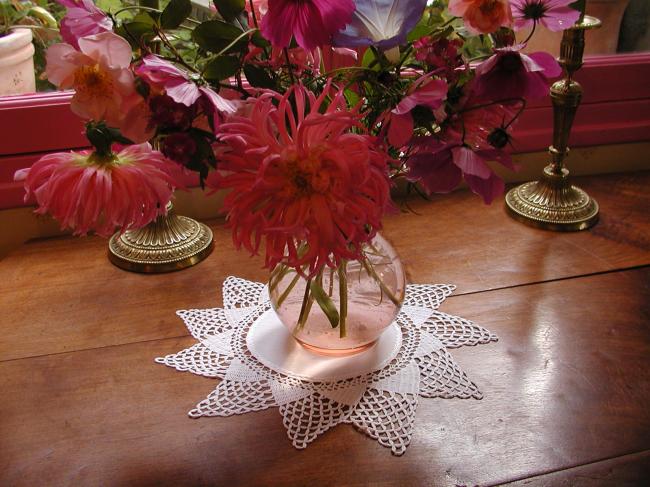 Gorgeous linen and crochet lace doily, star shape, 1900