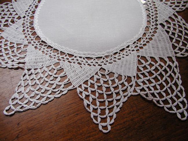 Gorgeous linen and crochet lace doily, star shape, 1900