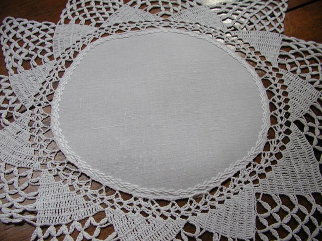 Gorgeous linen and crochet lace doily, star shape, 1900