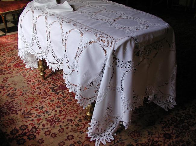 Lovely Battenburg tape lace tablecloth with its 12 serviettes