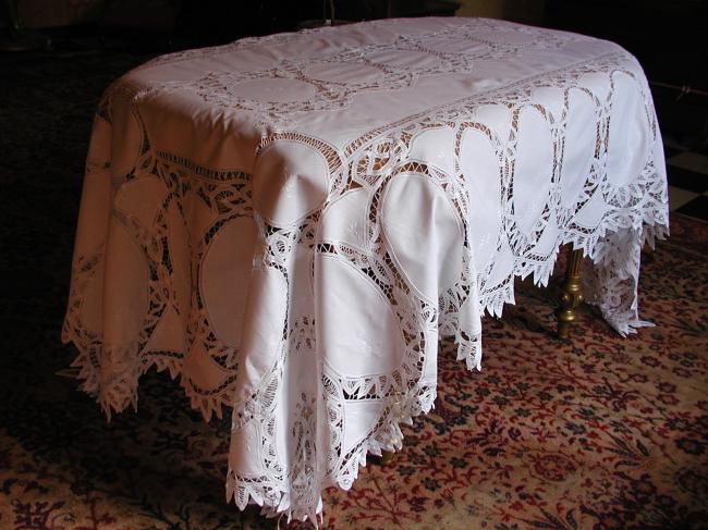 Lovely Battenburg tape lace tablecloth with its 12 serviettes