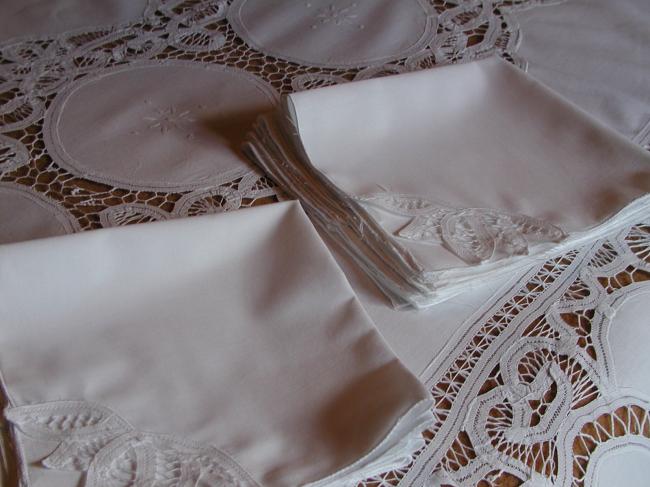 Lovely Battenburg tape lace tablecloth with its 12 serviettes