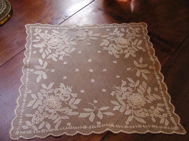 Outstanding net  pocket handkerchief with embroidered needlerun flowers