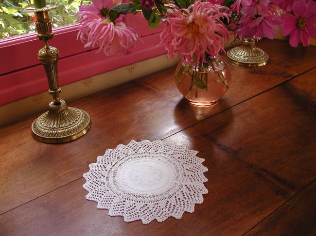 Charming knitted lace doily with damask linen with holly tree leaves