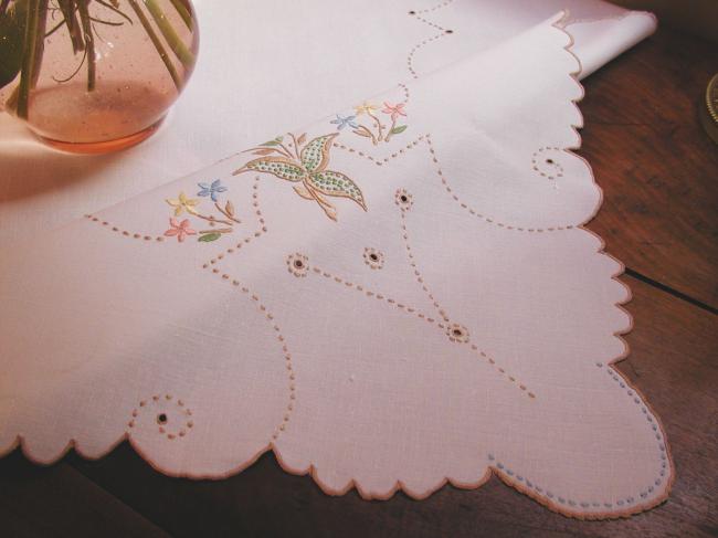 Very romantic tablecloth with colourful Madeira embroidered flowers