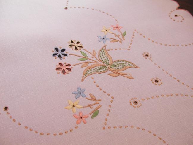 Very romantic tablecloth with colourful Madeira embroidered flowers