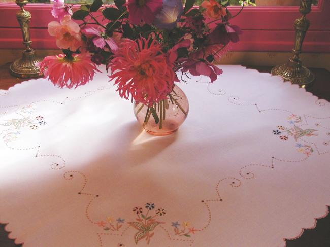 Very romantic tablecloth with colourful Madeira embroidered flowers