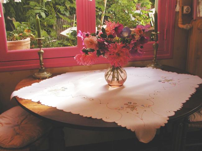 Very romantic tablecloth with colourful Madeira embroidered flowers