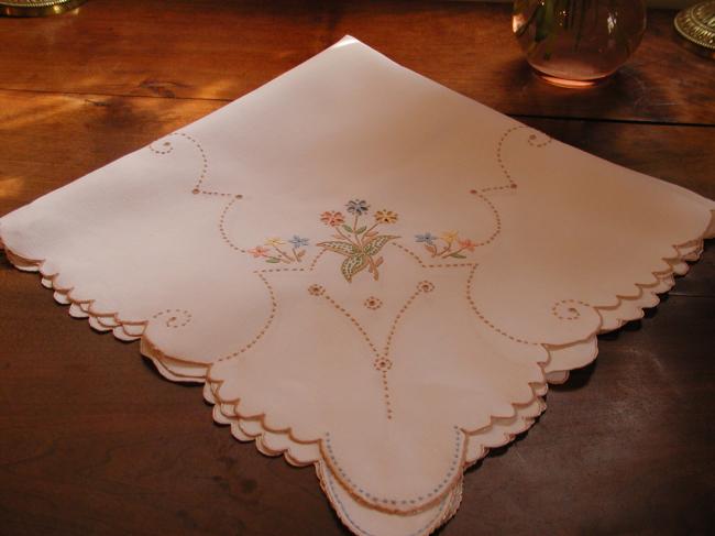 Very romantic tablecloth with colourful Madeira embroidered flowers