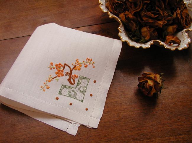 Lovely handmade embroidered pinã handkerchief with blooming flowers