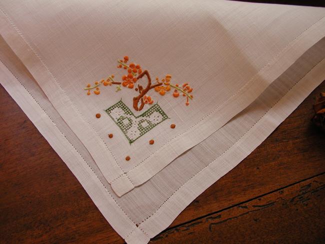 Lovely handmade embroidered pinã handkerchief with blooming flowers