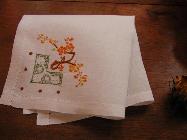 Lovely handmade embroidered pinã handkerchief with blooming flowers