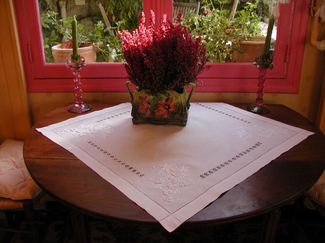 Gorgeous tablecloth with drawn thread rivers and embroidered Mimosa branches