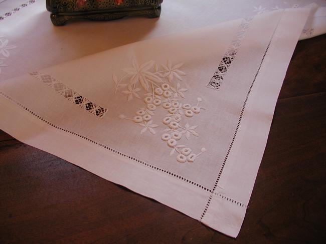 Gorgeous tablecloth with drawn thread rivers and embroidered Mimosa branches