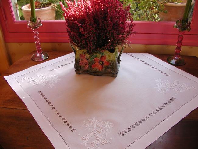 Gorgeous tablecloth with drawn thread rivers and embroidered Mimosa branches