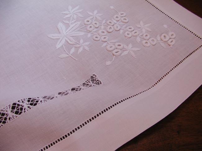 Gorgeous tablecloth with drawn thread rivers and embroidered Mimosa branches