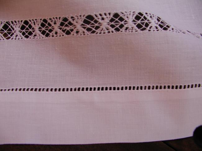 Gorgeous tablecloth with drawn thread rivers and embroidered Mimosa branches