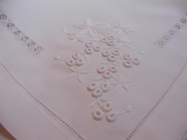 Gorgeous tablecloth with drawn thread rivers and embroidered Mimosa branches