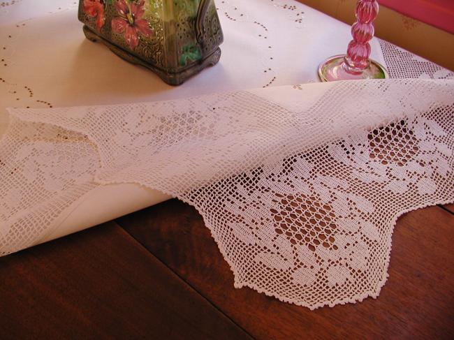 Fabuluous tablecloth with white and cream embroidery & deep crochet lace 1940