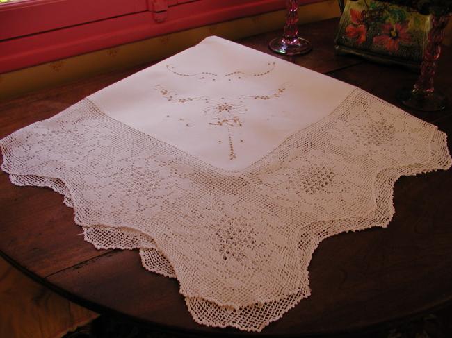 Fabuluous tablecloth with white and cream embroidery & deep crochet lace 1940