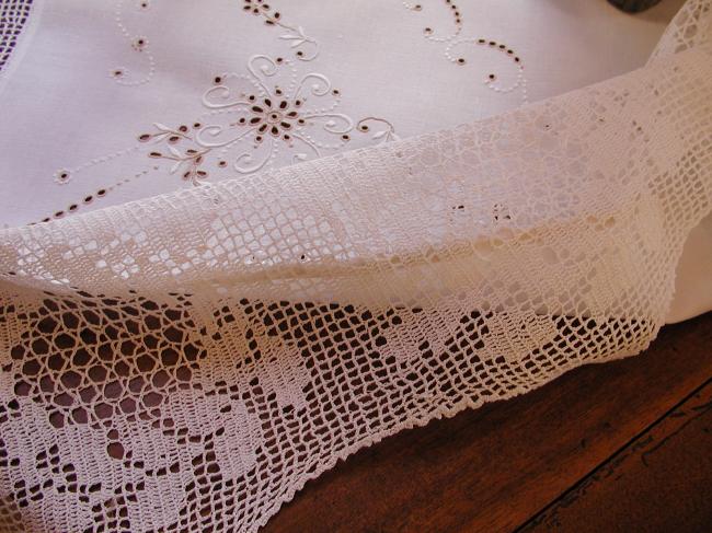 Fabuluous tablecloth with white and cream embroidery & deep crochet lace 1940