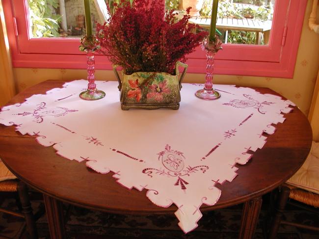 Stunning embroidered Richelieu tablecloth with crenellated edging and openworks