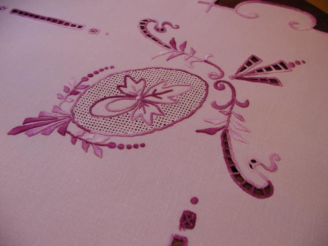 Stunning embroidered Richelieu tablecloth with crenellated edging and openworks