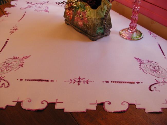 Stunning embroidered Richelieu tablecloth with crenellated edging and openworks