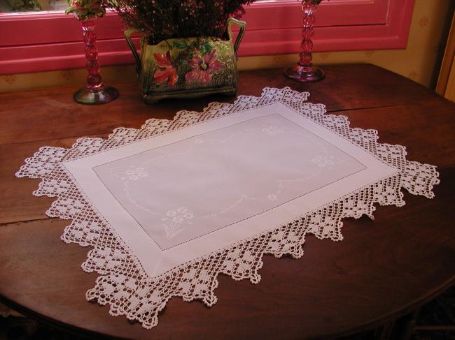 Wonderful trolley mat or table centre with white floral embroidery &crochet lace