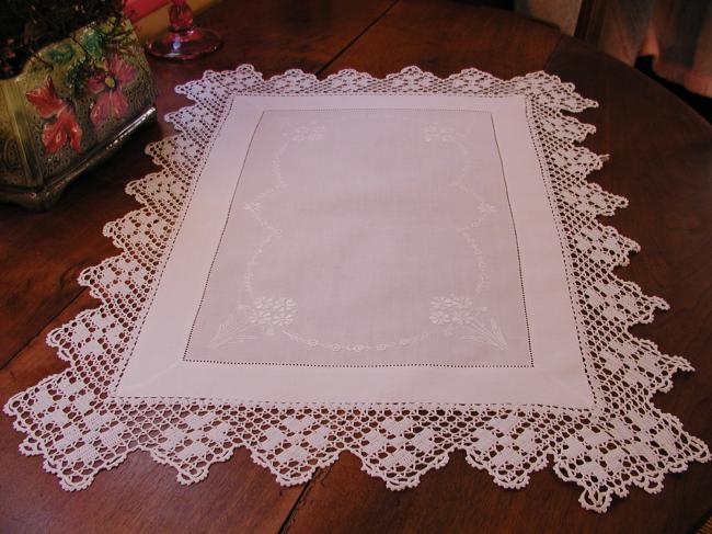 Wonderful trolley mat or table centre with white floral embroidery &crochet lace