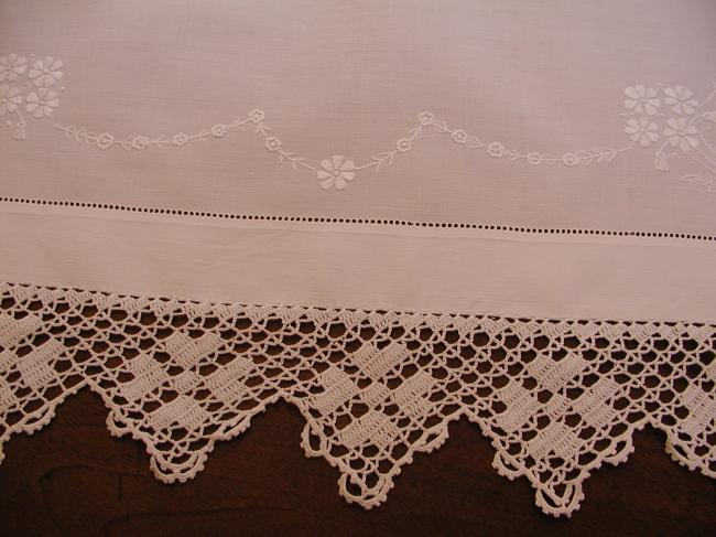 Wonderful trolley mat or table centre with white floral embroidery &crochet lace