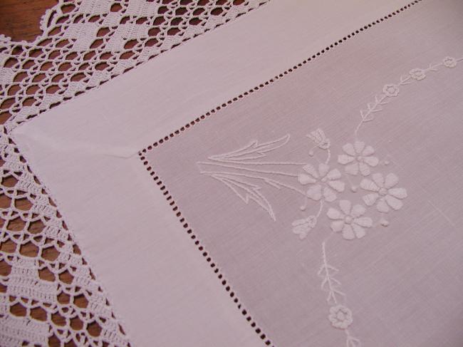 Wonderful trolley mat or table centre with white floral embroidery &crochet lace