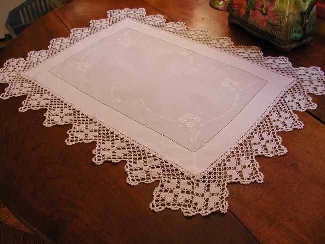 Wonderful trolley mat or table centre with white floral embroidery &crochet lace