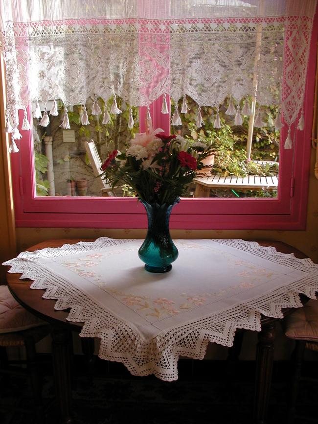 Gorgeous society silk embroidered tablecloth with crochet lace 1900