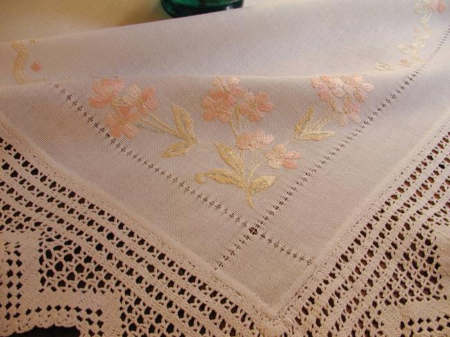 Gorgeous society silk embroidered tablecloth with crochet lace 1900