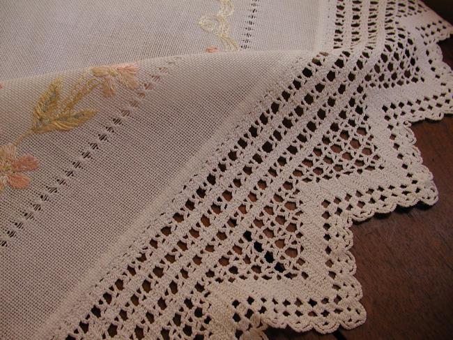 Gorgeous society silk embroidered tablecloth with crochet lace 1900