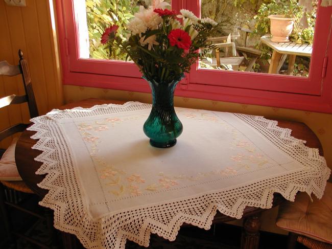 Gorgeous society silk embroidered tablecloth with crochet lace 1900