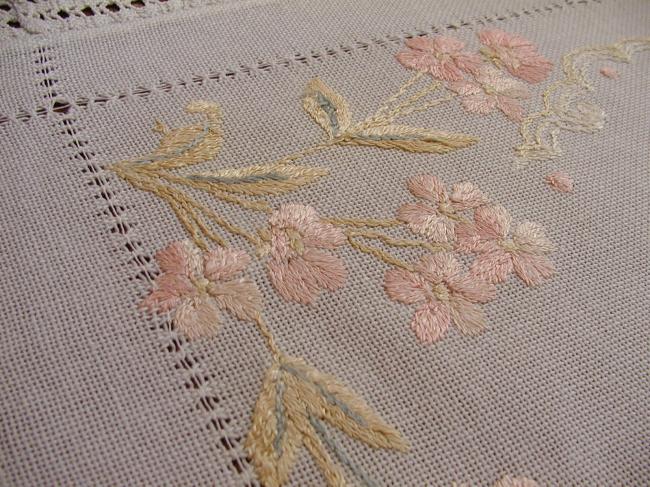 Gorgeous society silk embroidered tablecloth with crochet lace 1900