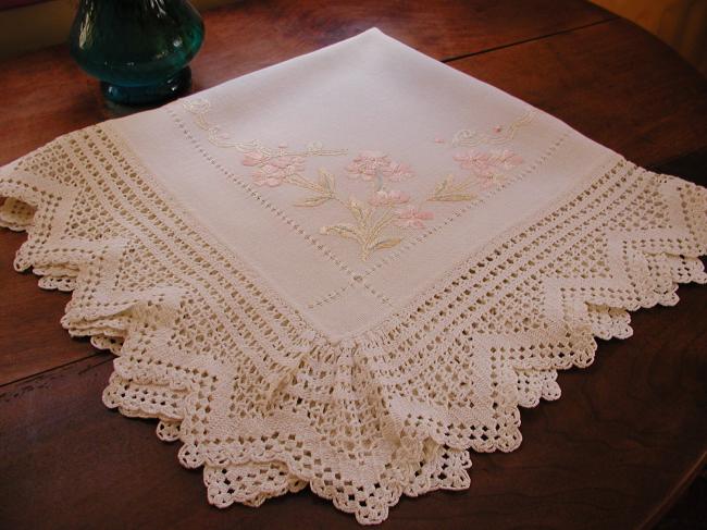 Gorgeous society silk embroidered tablecloth with crochet lace 1900