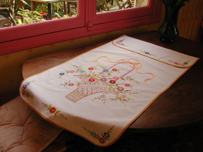 Somptuous hide-tea towels with a large basket of embroidered flowers 1920-30