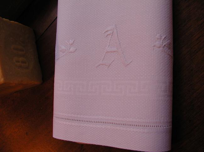 Lovely hand towel in damask of linen with hand embroidered floral A