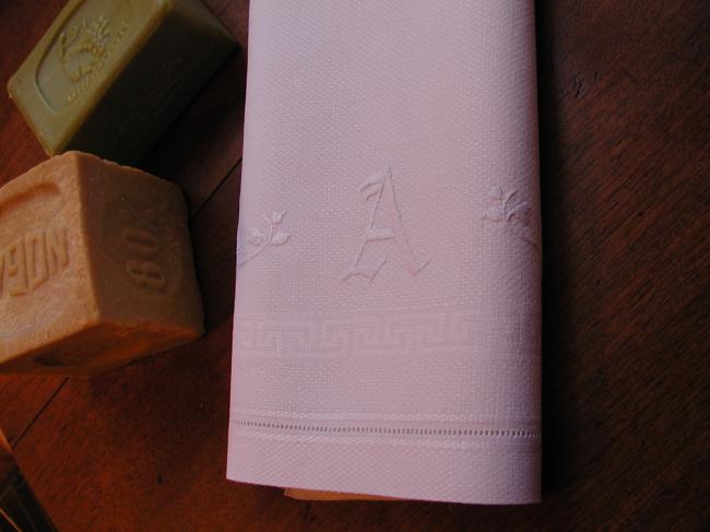 Lovely hand towel in damask of linen with hand embroidered floral A