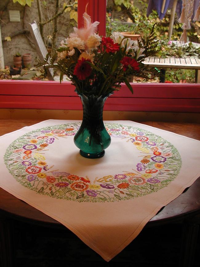 Stunning tablecloth with a gorgeous crown of embroidered summer flowers